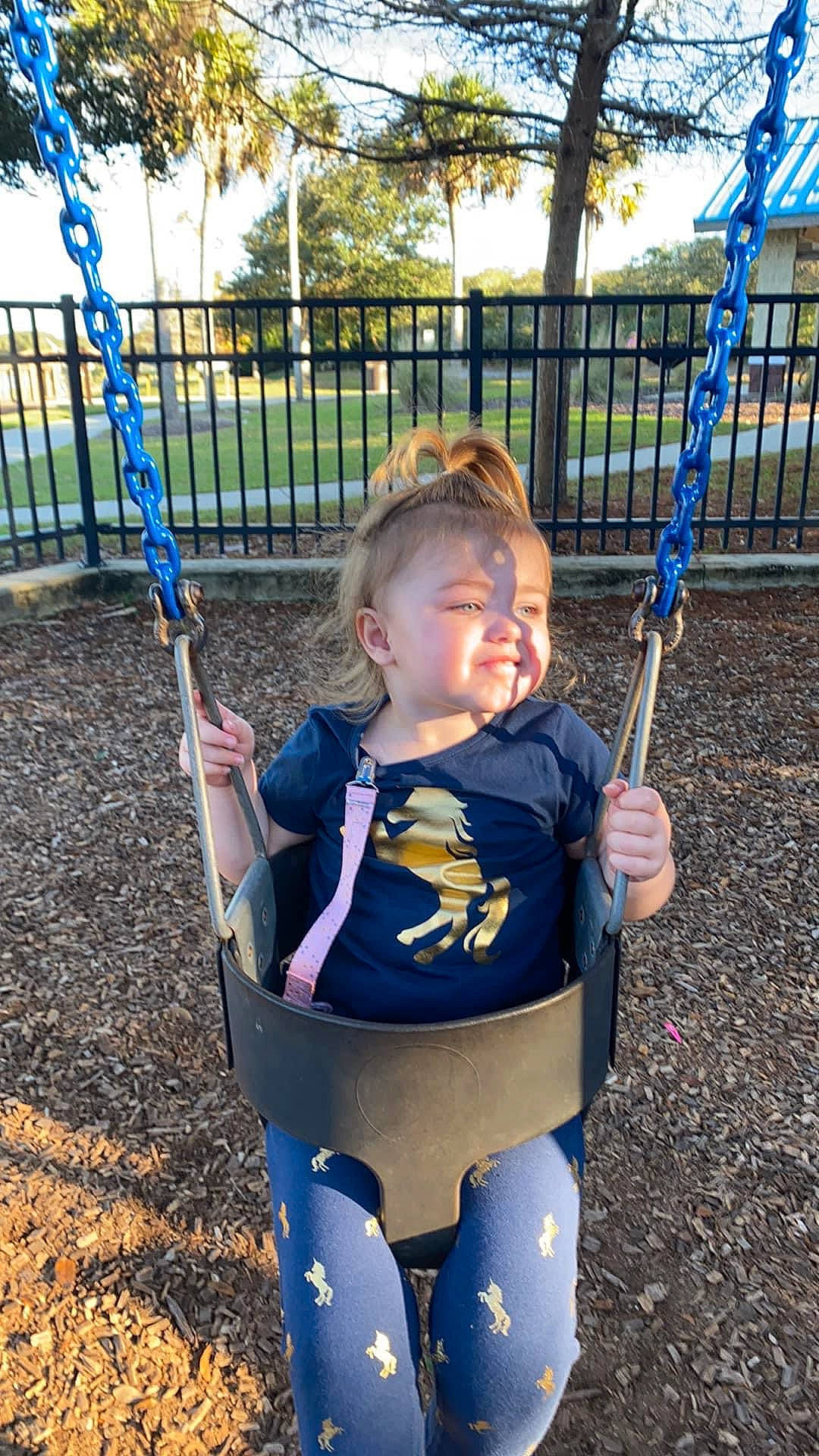 Hayven is registered to the contest to win money with this photo: blue, botany, clothing, eye, face, grass, hair, head, leaf, leisure, light, mammal, person, photograph, plant, playground, smile, swing, toddler, tree