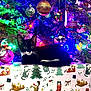 cat, kitten, black_cat, white_whiskers, christmas_tree, christmas_ornaments, baubles, string_lights, festive_lights, gift_wrap, holiday, decorations, sitting, closeup, bokeh, evergreen, indoor, cozy, colorful, playful