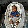 baby, infant, child, portrait, sitting, rocker, baby_seat, harness, blue_shirt, shorts, socks, smiling, facial_expression, indoor, living_room, sofa, carpet, home, photography, front_view