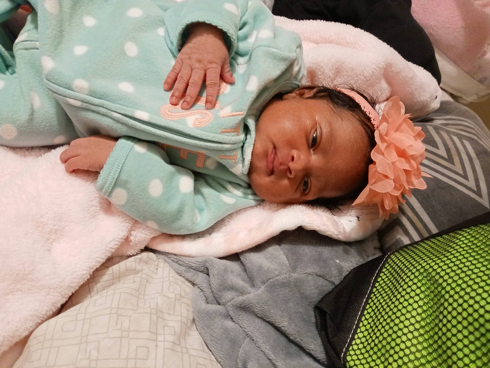 Soleil is registered to the contest to win money with this photo: baby, baby_products, baby_sleeping, baby_toddler_clothing, bedding, bedtime, child, childbirth, comfort, event, face, health_care, hospital, linens, nap, pattern, person, room, sleep, tableware