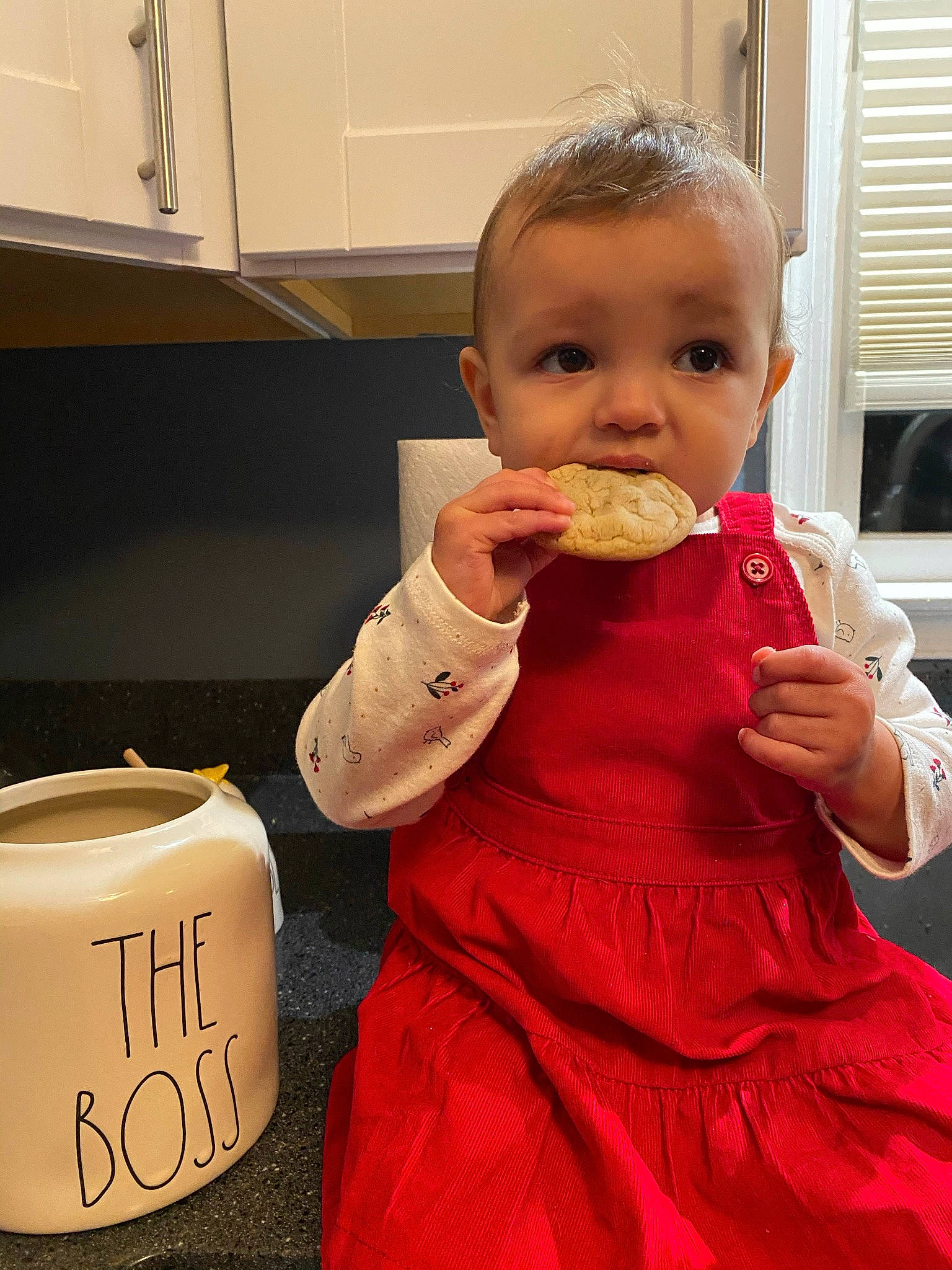 Adilynn joined the competition — help win amazing prizes! baby, baby_toddler_clothing, cabinetry, child, dress, eating, face, food, food_craving, hairstyle, handwriting, kitchen_appliance, nail, packaging_and_labeling, peach, person, room, sweetness, thumb, toddler