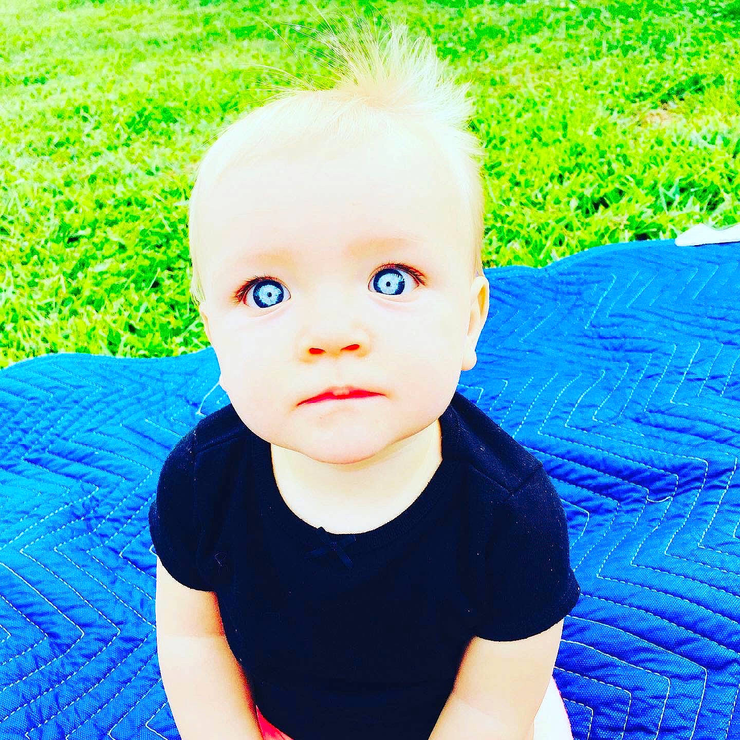Brylee joined the competition — help win amazing prizes! baby, baby_toddler_clothing, blue, cheek, ear, field, grass_family, green, human, linens, majorelle_blue, people_in_nature, person, portrait_photography, red, skin, summer, sunlight, toddler