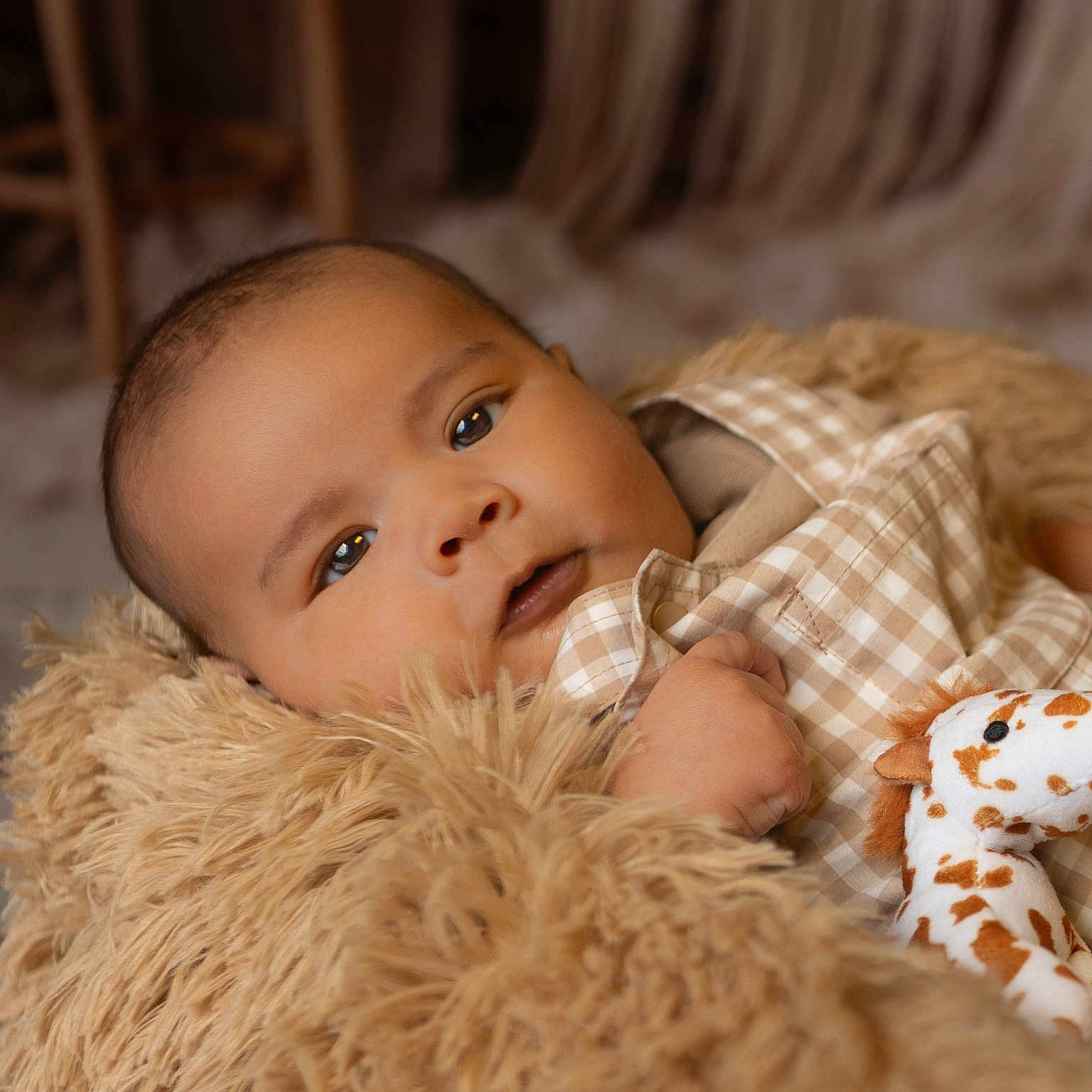 Atticus is registered to the contest to win money with this photo: baby, infant, plush_toy, giraffe, blanket, checkered_clothing, cute, portrait, indoors, soft_texture, child, lying_down, warm_colors, cozy, furniture, hand, face, expression, newborn, cuddly