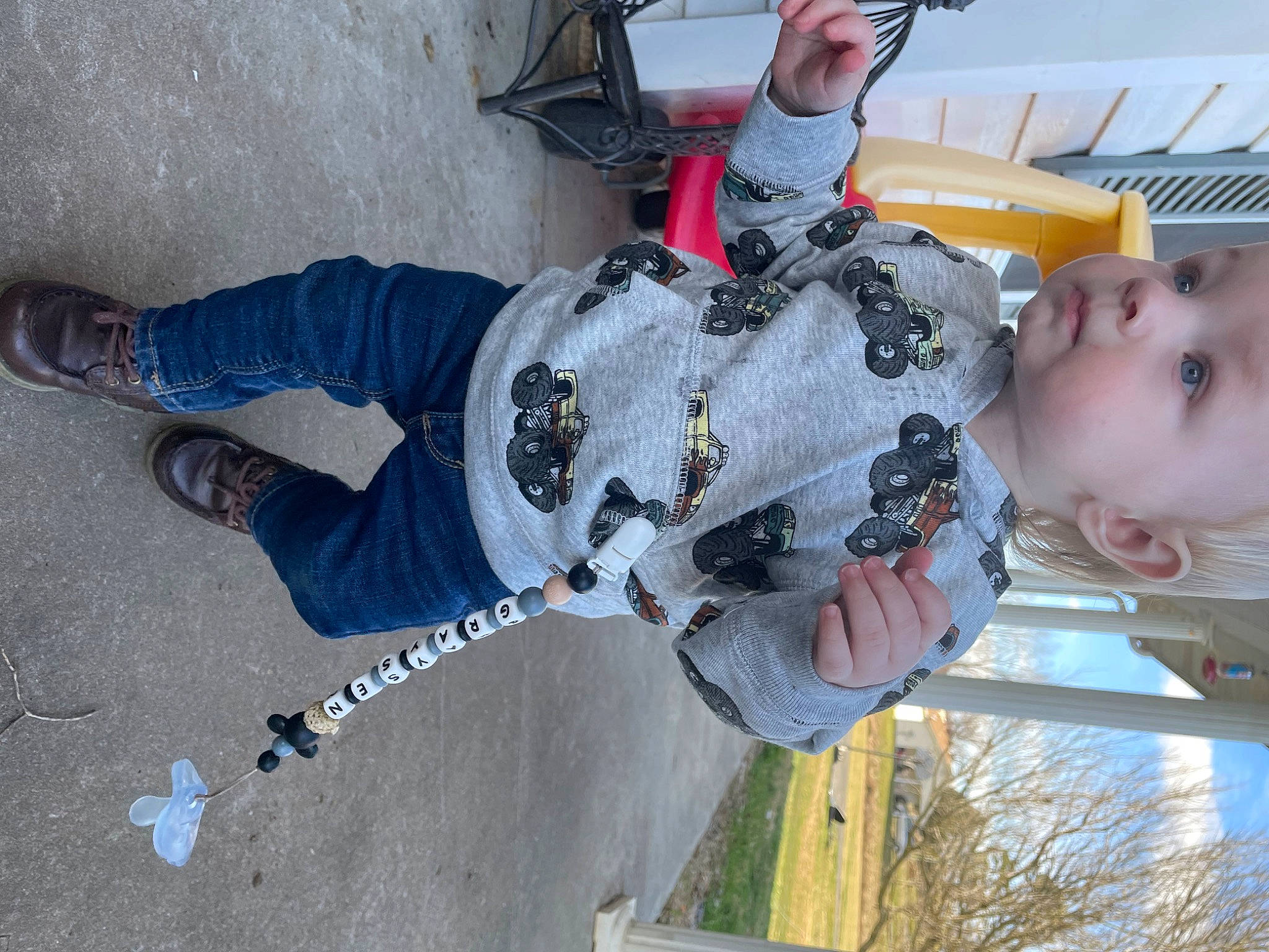 Graysen joined the competition — help win amazing prizes! baby, carmine, child, concrete, fun, leisure, pattern, person, personal_protective_equipment, recreation, toddler, tree, walking_shoe, white, world