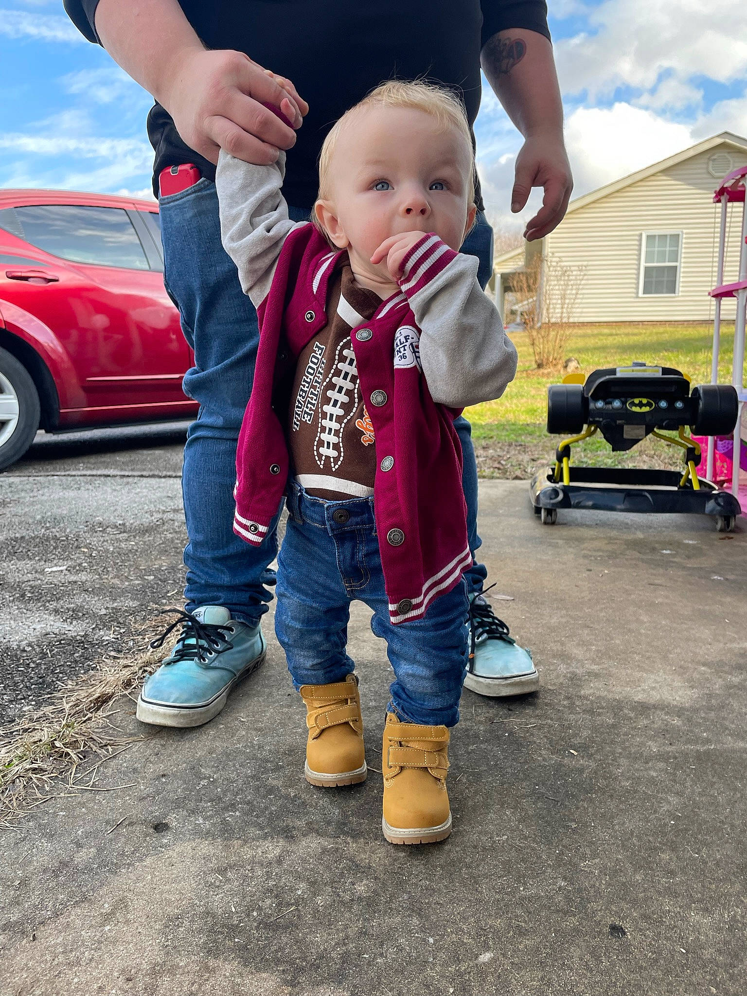Graysen joined the competition — help win amazing prizes! asphalt, car, child, clothing, cloud, grass, jeans, leisure, luggage_and_bags, motor_vehicle, person, plant, recreation, shoe, sky, snapshot, sneakers, tire, toddler, travel