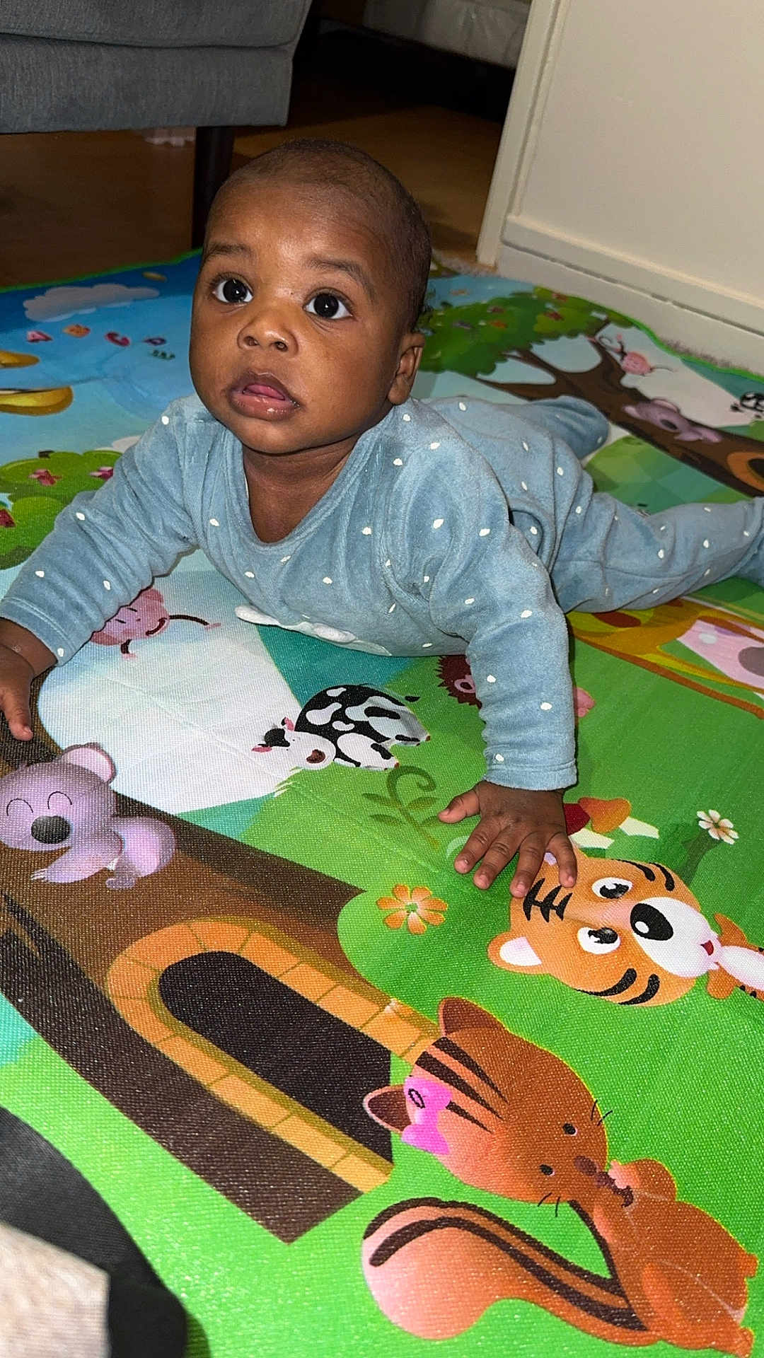 Michael Mangumbala a rejoint le concours — aidez-le/la à gagner de superbes lots ! baby, child, crawling, play_mat, cartoon_animals, blue_outfit, indoors, floor, curious, wide_eyes, hand, head, person, infant, cute, toddler, colorful, animal_illustration, carpet, room