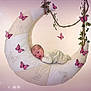 baby, newborn, crescent_moon, butterflies, soft_lighting, cushion, sleeping, infant, decor, rope, ivy, pink, white, pastel, portrait, cute, child, soft_texture, fantasy, studio_photo