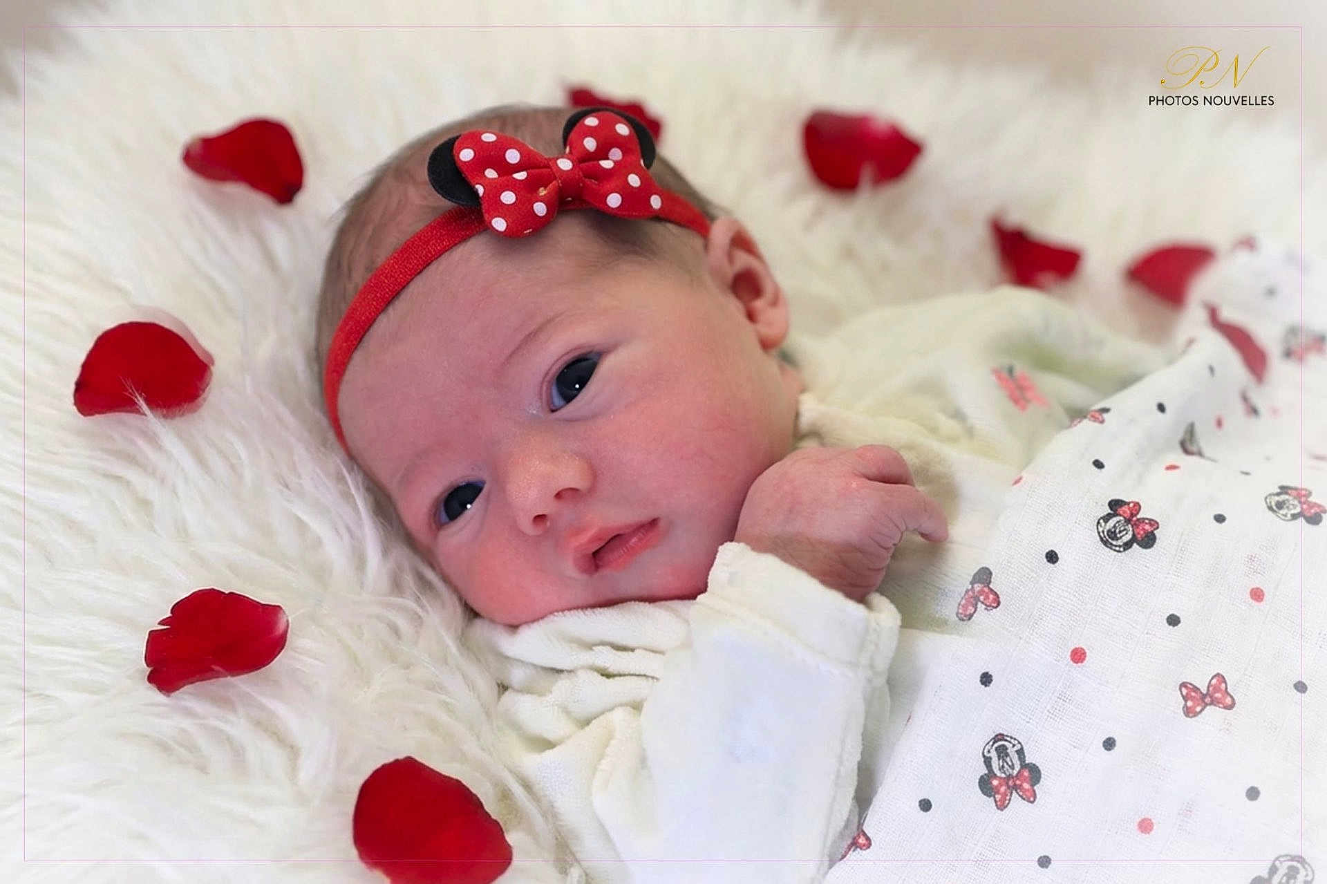 élïna participe au concours pour gagner de l'argent avec cette photo : newborn, baby, infant, headband, red_bow, rose_petals, white_blanket, soft_texture, cute, sleepy, portrait, closeup, child, adorable, resting, peaceful, blanket, fabric, face, skin