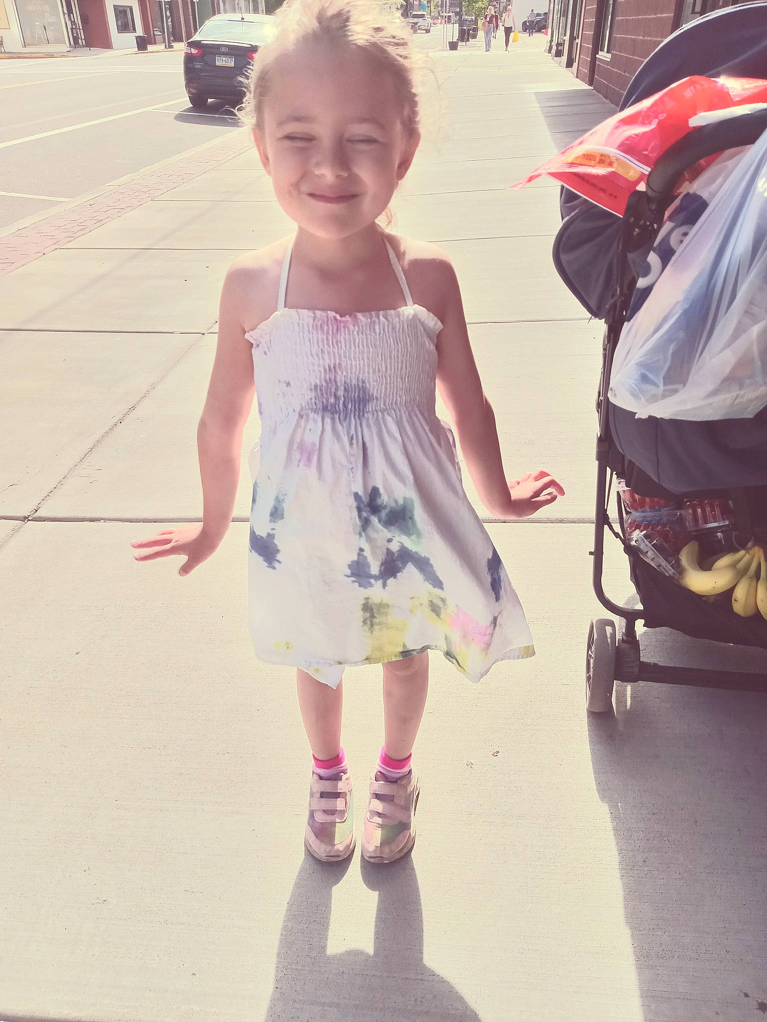 Chrysanthemum is registered to the contest to win money with this photo: child, cool, dress, fun, hairstyle, happy, joy, magenta, organ, people, person, photograph, pink, shoe, smile, standing, street_fashion, style, summer, toddler