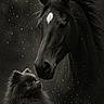 horse, dog, black_and_white, portrait, rain, animal, fur, mane, closeup, nature, outdoor, gaze, friendship, water_drops, mammal, pet, animal_portrait, calm, quiet, monochrome