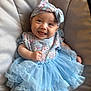baby, smiling, dress, blue, headband, tutu, child, happy, sitting, cute, infant, clothing, fabric, portrait, indoors, person, seat, headwear, soft, joyful