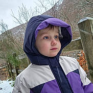 Maël participe au concours pour gagner de l'argent avec cette photo : blue_eyes, candid, child, closeup, cold_weather, fence_post, hill, hooded_jacket, leafless_trees, looking_away, nature, outdoor, overcast_sky, portrait, purple_hood, rosy_cheeks, scenery, snowy_ground, winter_coat, wooden_fence