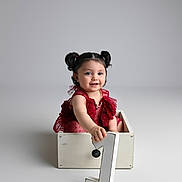 Gamze participe au concours pour gagner de l'argent avec cette photo : baby, child, girl, pigtails, red_dress, crate, number_one, birthday, celebration, studio, smiling, sitting, portrait, cute, infant, isolated, white_background, happy, one_year_old, decorative