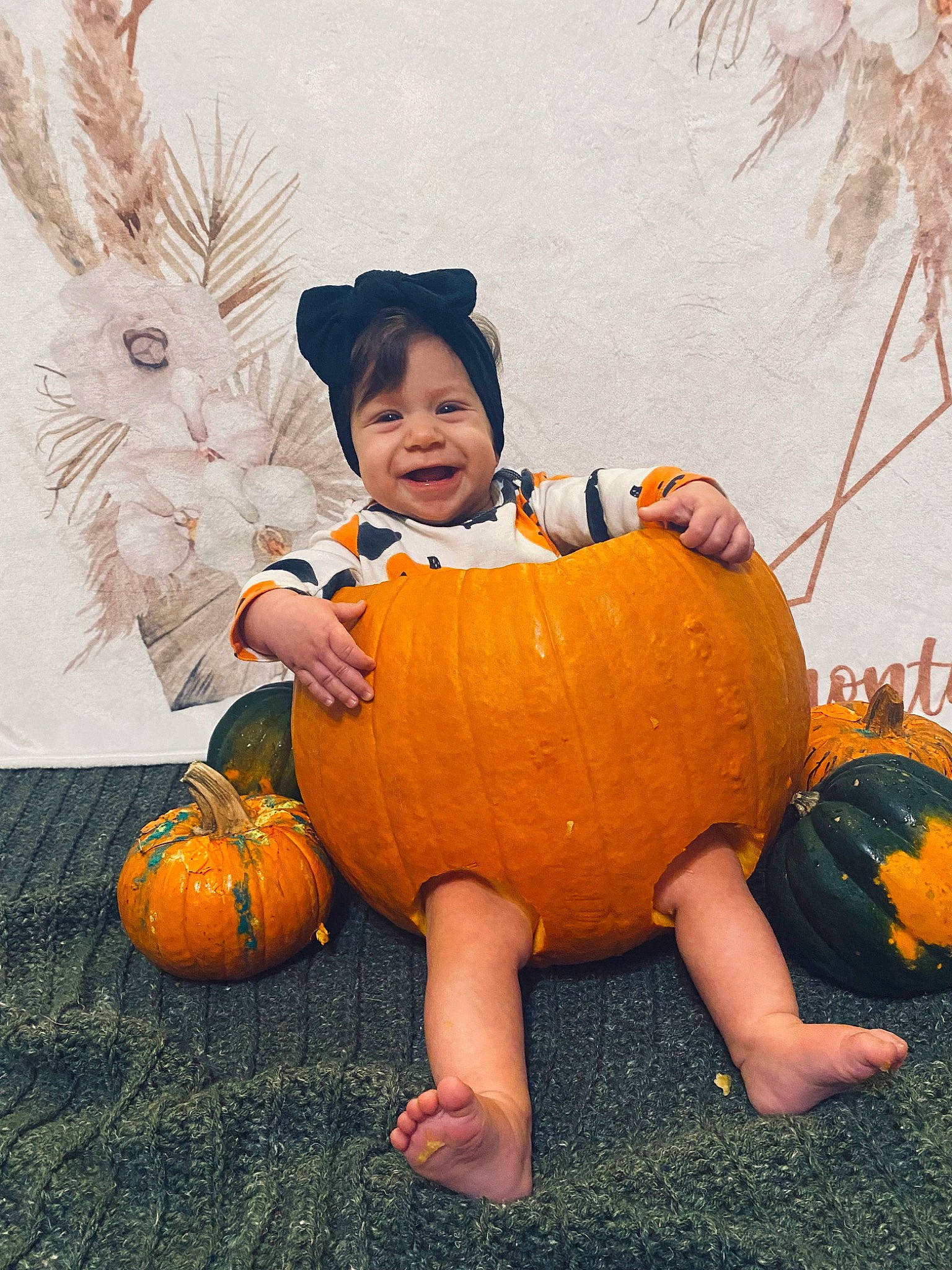 Kyla is registered to the contest to win money with this photo: calabaza, child, cucurbita, eye, facial_expression, fun, gourd, happy, head, leg, orange, people_in_nature, person, plant, pumpkin, smile, squash, toddler, tree, vegetable