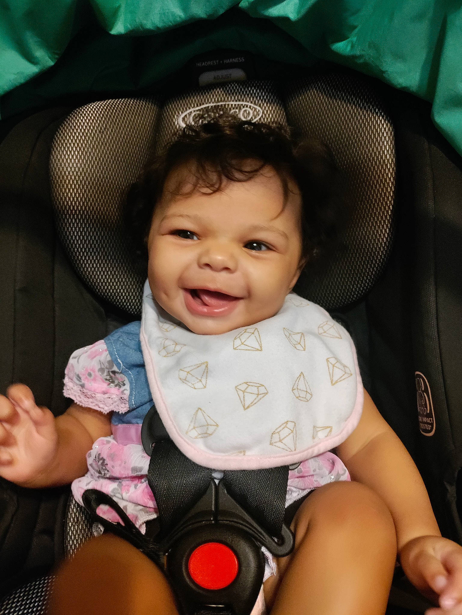 Aniya is registered to the contest to win money with this photo: arm, baby, baby_carriage, baby_toddler_clothing, cheek, chin, comfort, eye, facial_expression, finger, flash_photography, hand, happy, iris, joy, mouth, person, pink, product, skin