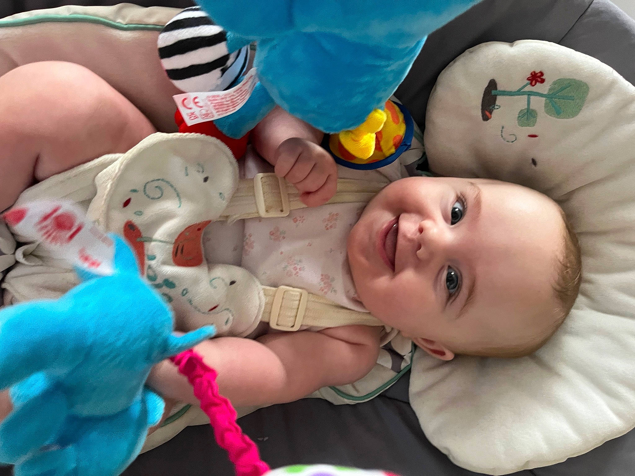 Poppy is registered to the contest to win money with this photo: baby, baby_toddler_clothing, blue, cheek, dress, eye, facial_expression, fun, happy, head, headgear, iris, joy, mouth, nose, person, pink, product, skin, smile