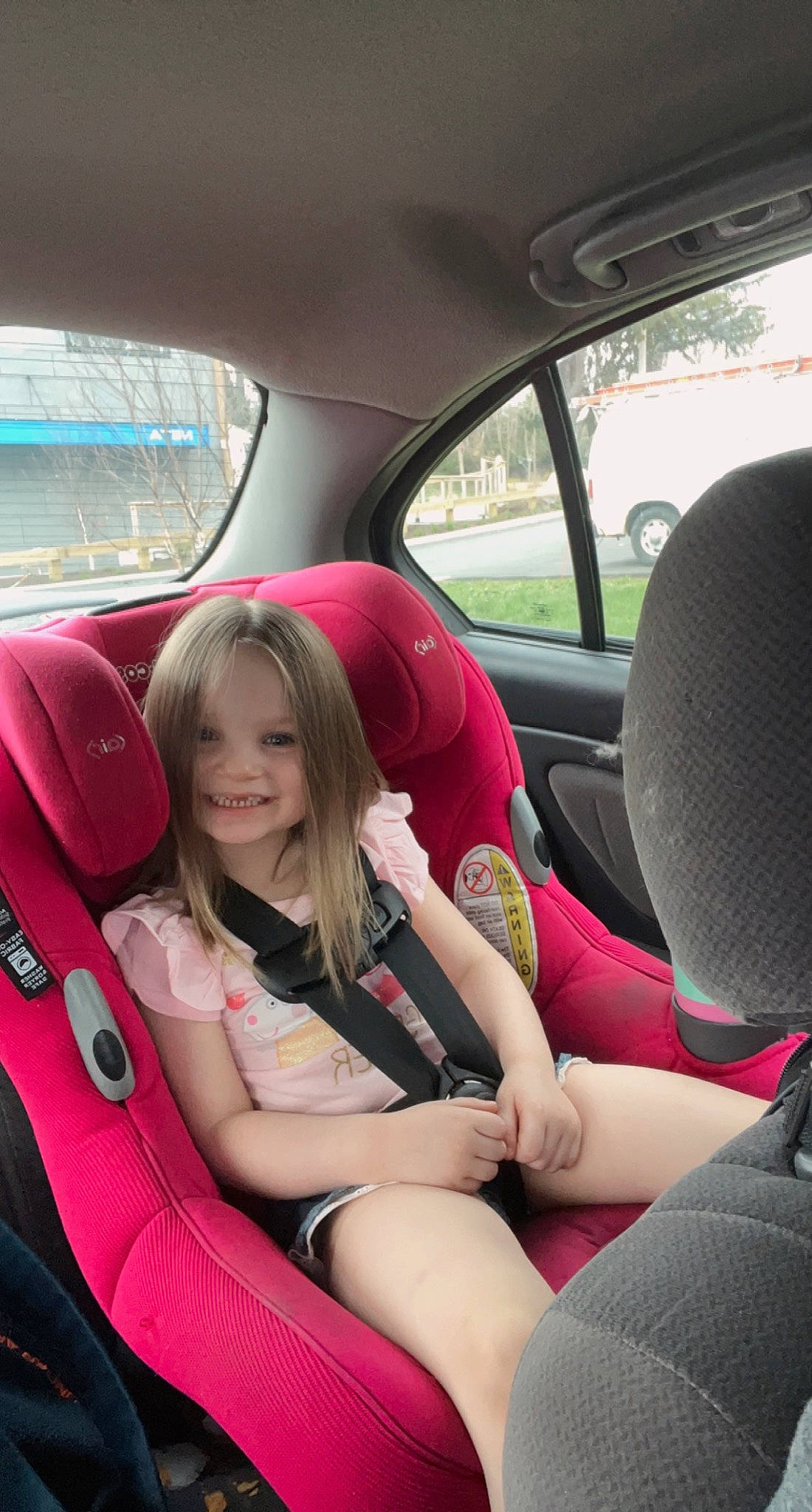 Willow is registered to the contest to win money with this photo: auto_part, automotive_design, automotive_exterior, car, car_seat, car_seat_cover, comfort, family_car, head_restraint, joy, mode_of_transport, motor_vehicle, person, personal_luxury_car, plant, seat_belt, smile, steering_part, steering_wheel, vehicle