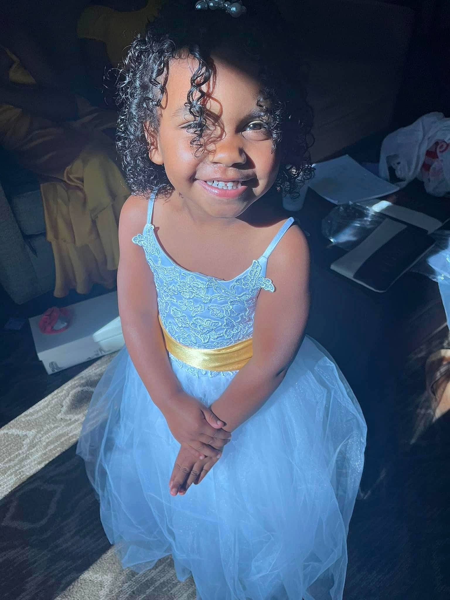 Kassidy is registered to the contest to win money with this photo: baby_toddler_clothing, bridal_accessory, day_dress, dress, electric_blue, embellishment, event, eye, fashion_design, flash_photography, formal_wear, fun, gown, hairstyle, happy, iris, joy, person, shoulder, skin