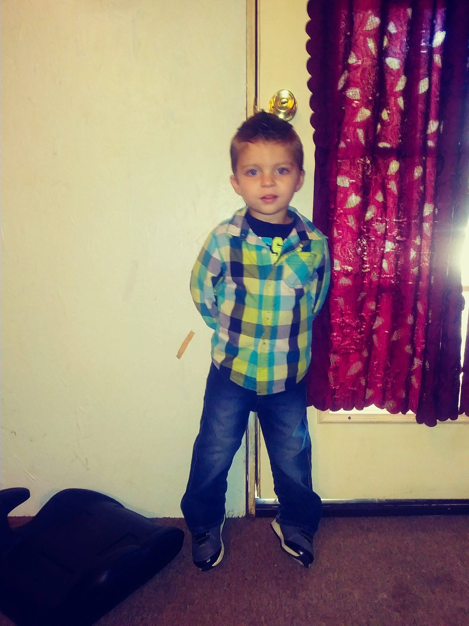 Titan joined the competition — help win amazing prizes! child, curtain, denim, electric_blue, event, flooring, fun, gesture, happy, leg, pattern, person, plaid, shoe, shoulder, sleeve, standing, tartan, tints_and_shades, toddler