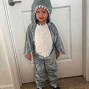Nicolás joined the competition — help win amazing prizes! child, shark_costume, costume, shark, hood, smiling, portrait, indoor, hallway, door, carpet, shoes, nike, standing, full_body, playful, dress_up, gray, white, home