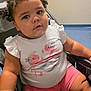 toddler, child, curly_hair, stroller, pink_shorts, white_shirt, flamingo_print, indoors, cute, chubby_cheeks, seated, person, baby, casual_clothing, curious_expression, furniture, soft_lighting, portrait, young_child, comfortable