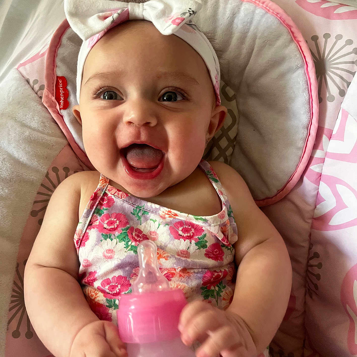 Karlena joined the competition — help win amazing prizes! baby, babylaughing, bed, bottle, clothing, cushion, cutlery, dress, face, furniture, happy, hat, head, homedecor, person, photography, portrait, purple, smile, spoon