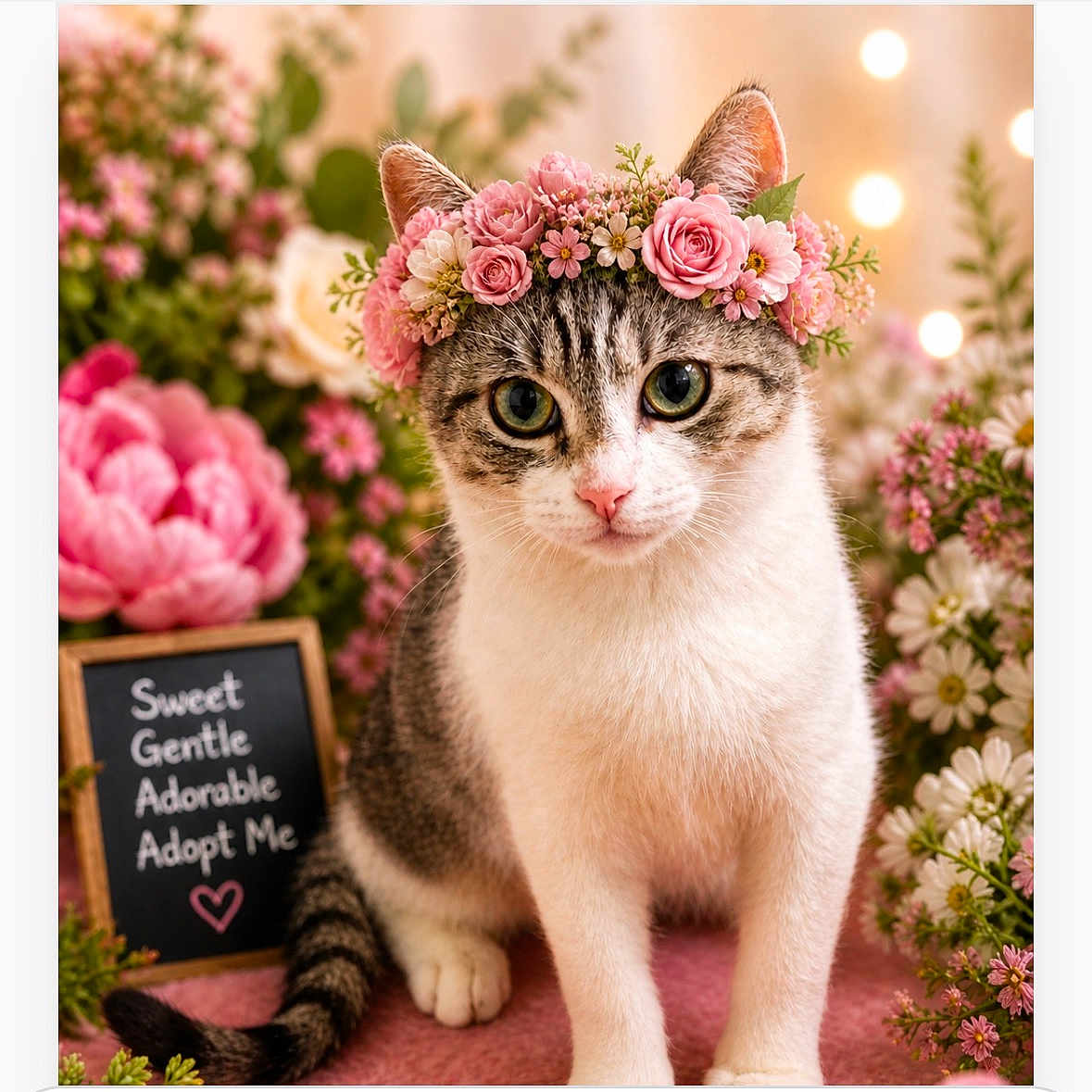 Valky is registered to the contest to win money with this photo: adopt_me, adorable, animal, cat, chalkboard_sign, close_up, cute, floral_background, flower_crown, gentle, green_eyes, heart, indoor, pet, pink_flowers, pink_nose, portrait, soft_lighting, sweet, white_and_gray_cat