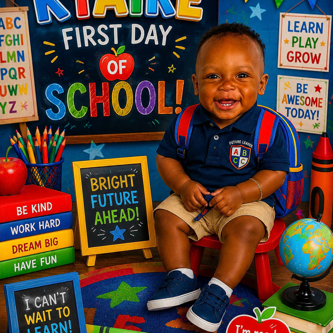 Kyaire is registered to the contest to win money with this photo: toddler, child, smiling, first_day_of_school, school_theme, chalkboard, colorful, books, globe, crayons, backpack, red_chair, motivational_signs, education, happy, indoor, portrait, casual_clothing, blue_shoes, learning