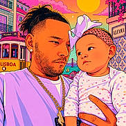 Annaaleyah joined the competition — help win amazing prizes! man, baby, child, portrait, illustration, cartoon, colorful, sun, sky, clouds, buildings, tram, lisboa, hand, bow, headband, tattoo, necklace, polka_dot, flowers
