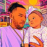 man, baby, child, portrait, illustration, cartoon, colorful, sun, sky, clouds, buildings, tram, lisboa, hand, bow, headband, tattoo, necklace, polka_dot, flowers