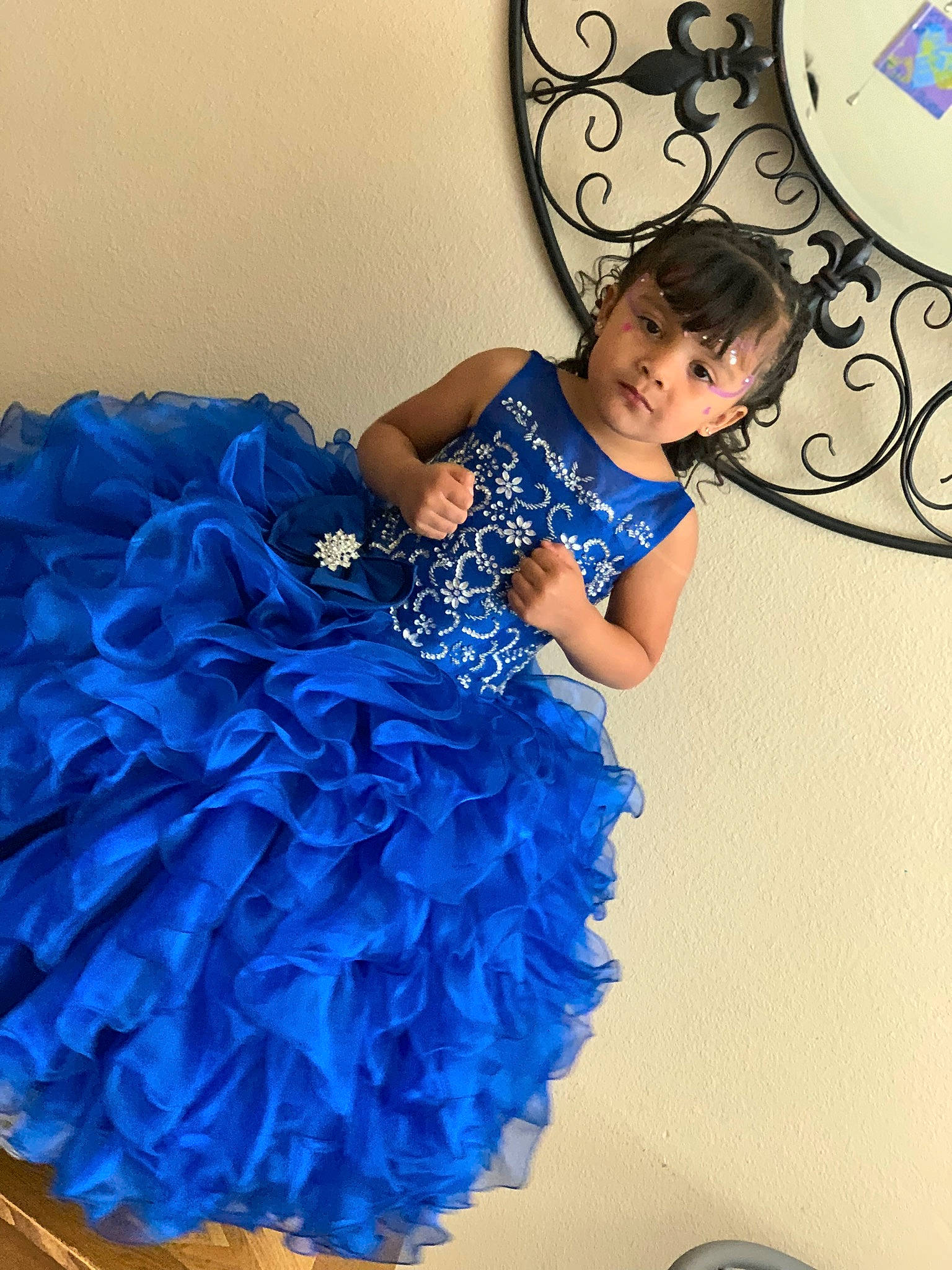 Jaylani joined the competition — help win amazing prizes! a_line, blue, bridal_party_dress, child, clothing, cobalt_blue, costume, dress, electric_blue, embellishment, gown, person, ruffle, shoulder, textile, toddler, turquoise