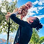 Abby a rejoint le concours — aidez-le/la à gagner de superbes lots ! baby, woman, outdoor, sky, clouds, tree, tattoo, holding, smile, child, person, jacket, red_skirt, earrings, car, nature, daylight, happy, playful, portrait