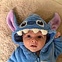 baby, child, costume, blue, hood, ears, blanket, cute, face, portrait, infant, soft, plush, eyes, expression, clothing, zipper, indoor, young, cuddly