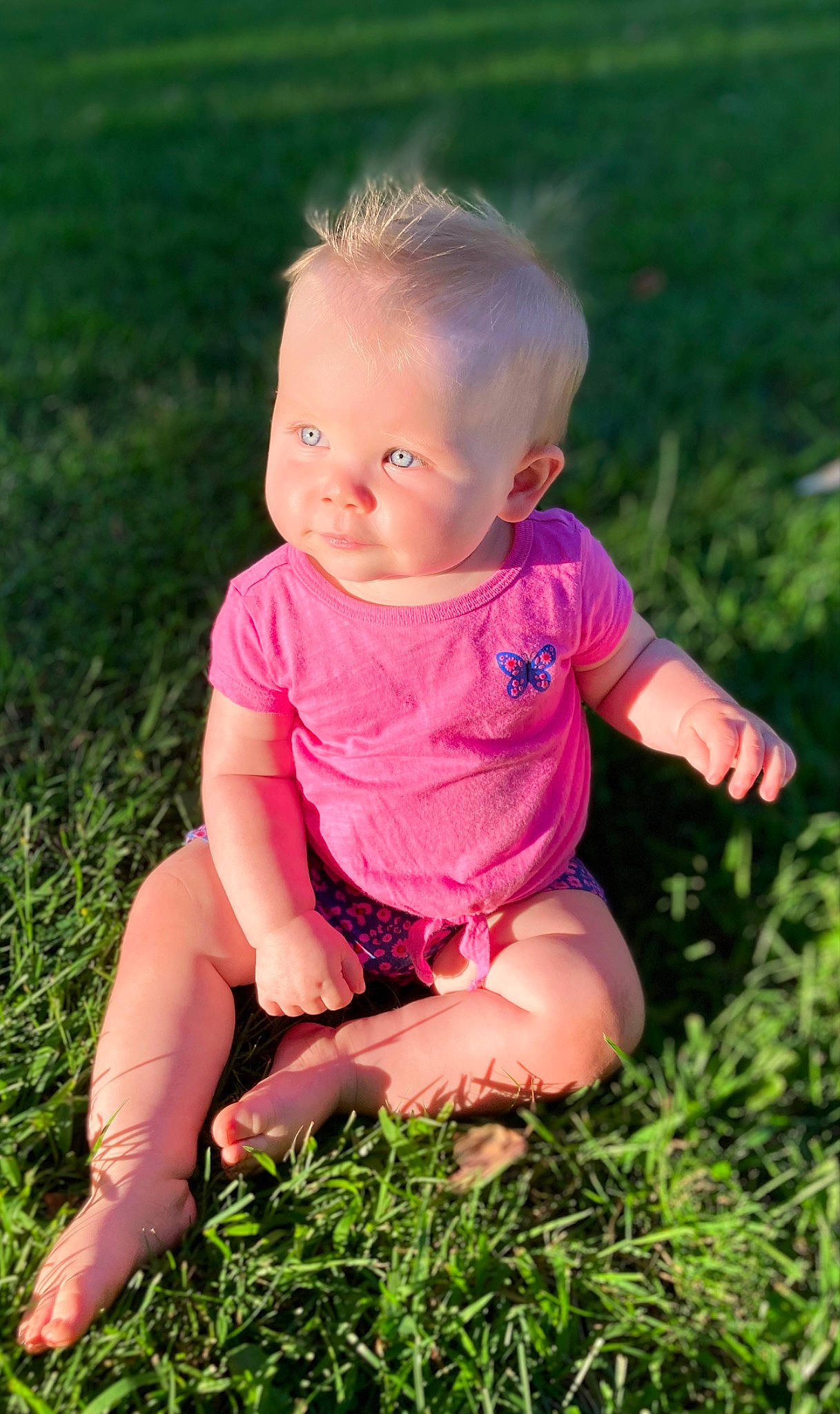 Cambree is registered to the contest to win money with this photo: baby, baby_toddler_clothing, cheek, child, flash_photography, fun, grass, grassland, happy, magenta, meadow, people_in_nature, person, pink, plant, sitting, skin, smile, sunlight, t_shirt