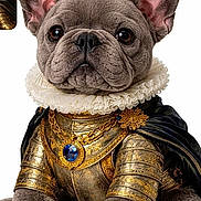 Buzz is registered to the contest to win money with this photo: plush_toy, dog, french_bulldog, armor, gold, costume, ruffled_collar, cape, jewelry, blue_gem, royal, noble, white_background, soft_texture, toy, stuffed_animal, portrait, cute, decorative, fantasy