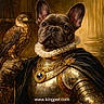 french_bulldog, dog, hawk, bird_of_prey, armor, gold, ruff_collar, portrait, painting, glove, jewelry, medallion, cape, vintage_style, regal, animal_portrait, ornate, digital_art, watermark, indoor