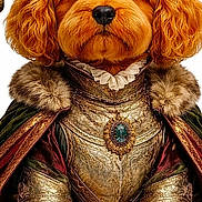 Woody joined the competition — help win amazing prizes! dog, pet, costume, royalty, medieval, fur, portrait, orange_fur, clothing, jewelry, necklace, paws, animal, cute, fluffy, posing, white_background, fur_coat, royal_cape, decorative