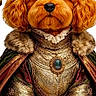 dog, pet, costume, royalty, medieval, fur, portrait, orange_fur, clothing, jewelry, necklace, paws, animal, cute, fluffy, posing, white_background, fur_coat, royal_cape, decorative