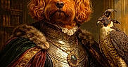 Woody is registered to the contest to win money with this photo: animal, animal_portrait, armor, bird, cape, clothing, dark_background, digital_art, dog, falcon, fur, historical_style, indoor, jewelry, medieval, phone_ui, portrait, realistic, regal, website_watermark