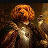 Woody is registered to the contest to win money with this photo: dog, armor, falcon, portrait, medieval, regal, clothing, animal, bird, fur, cape, jewelry, indoor, dark_background, realistic, digital_art, animal_portrait, historical_style, website_watermark, phone_ui