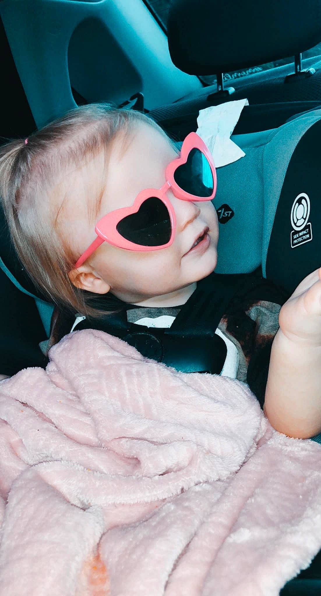 Carleigh is registered to the contest to win money with this photo: auto_part, baby, baby_toddler_clothing, baseball_cap, cap, carmine, eyewear, fun, glasses, goggles, happy, hat, mouth, person, personal_protective_equipment, pink, sun_hat, sunglasses, textile, toddler