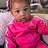 adidas, adorable, baby, child, closeup, clothing, cozy, cute, expression, face, fashion, hair_bows, indoors, person, pink_tracksuit, portrait, seated, sitting, toddler, young_child