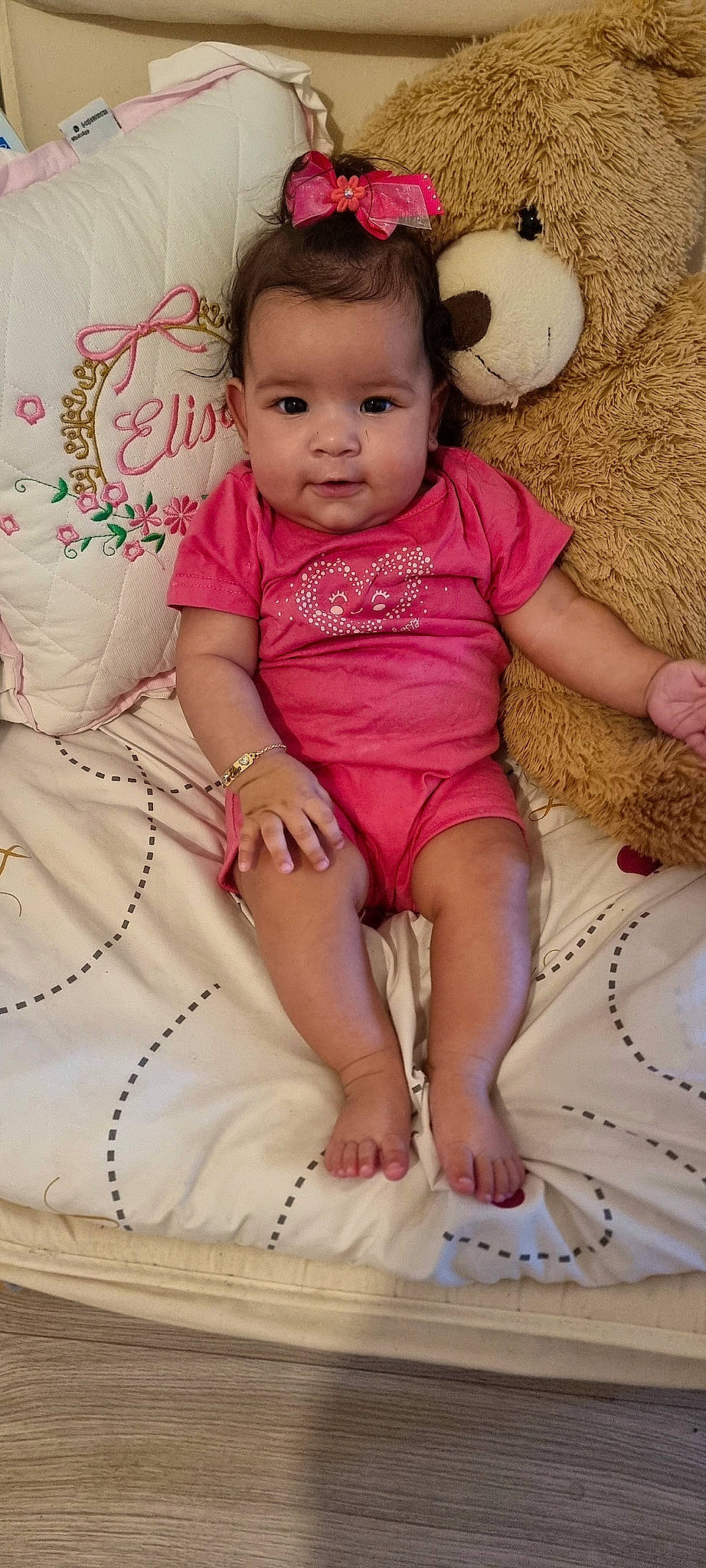 Elisa participe au concours pour gagner de l'argent avec cette photo : baby, baby_toddler_clothing, cheek, child, comfort, dress, eye, eyelash, foot, happy, human_leg, iris, leg, person, pink, sitting, skin, sleeve, thigh, toddler