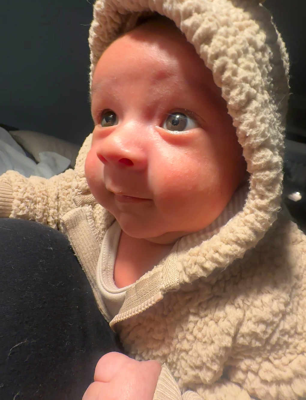 Sebastián Javier joined the competition — help win amazing prizes! baby, infant, hoodie, cozy, close_up, cute, child, soft_lighting, face, hand, apparel, warm_clothing, portrait, indoor, expression, skin, small_fist, curious, adorable, newborn