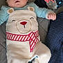 James is registered to the contest to win money with this photo: baby, infant, onesie, bear_design, socks, striped_socks, bed, clothes, blanket, laying_down, cute, child, soft_fabric, sleepwear, indoor, portrait, young_child, face, head, cozy