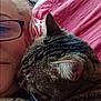 person, cat, tabby_cat, glasses, face, snuggling, close_up, indoor, blanket, red_blanket, furniture, decor, cozy, pet, affection, whiskers, fur, resting, domestic_animal, home
