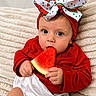 Everly joined the competition — help win amazing prizes! baby, child, watermelon, fruit, headband, bow, red_clothing, blanket, cute, infant, hand, sitting, portrait, indoor, food, snack, closeup, skin, expression, cozy
