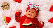 Everly is registered to the contest to win money with this photo: baby, infant, watermelon, red_clothing, headband, bow, blanket, grass, diaper, fruit, summer, outdoor, cute, lying_down, wooden_sign, four_months, fresh, healthy, playful, child