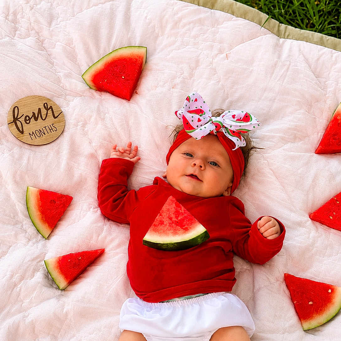 Everly is registered to the contest to win money with this photo: baby, infant, watermelon, red_clothing, headband, bow, blanket, grass, diaper, fruit, summer, outdoor, cute, lying_down, wooden_sign, four_months, fresh, healthy, playful, child