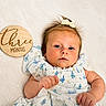 Everly is registered to the contest to win money with this photo: baby, infant, three_months, dress, bow, blue_butterfly_pattern, blanket, wooden_plaque, portrait, cute, child, lying_down, soft_texture, close_up, face, skin, hand, newborn, indoors, photography